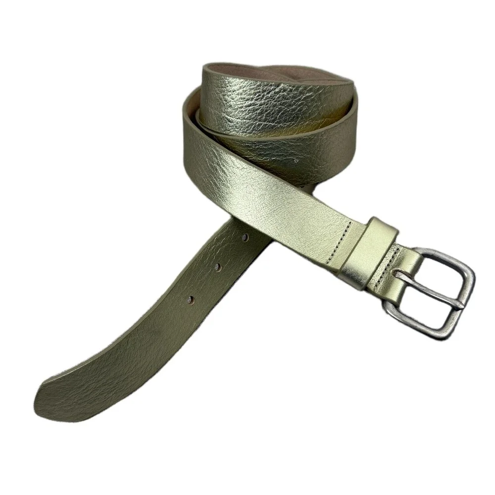 J Crew Leather Belt Womens Large Gold Dress Silver Buckle Metallic Italian USA - Picture 1 of 12